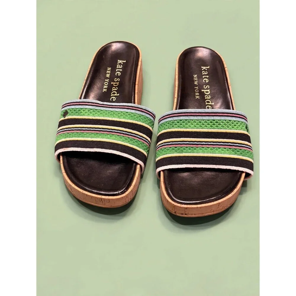 Kate Spade Breeze Multi Stripe Platform Cork Slides US 9.5/UK 7.5/EU 40 Like New